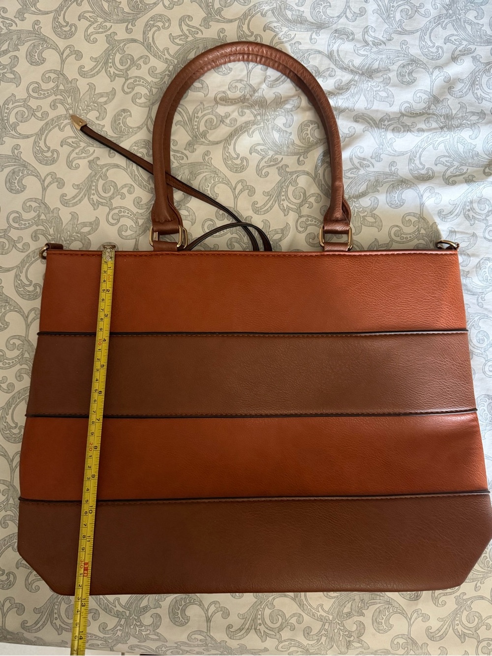 Two-Tone Brown Panel Leather Tote Bag with Top Handles
